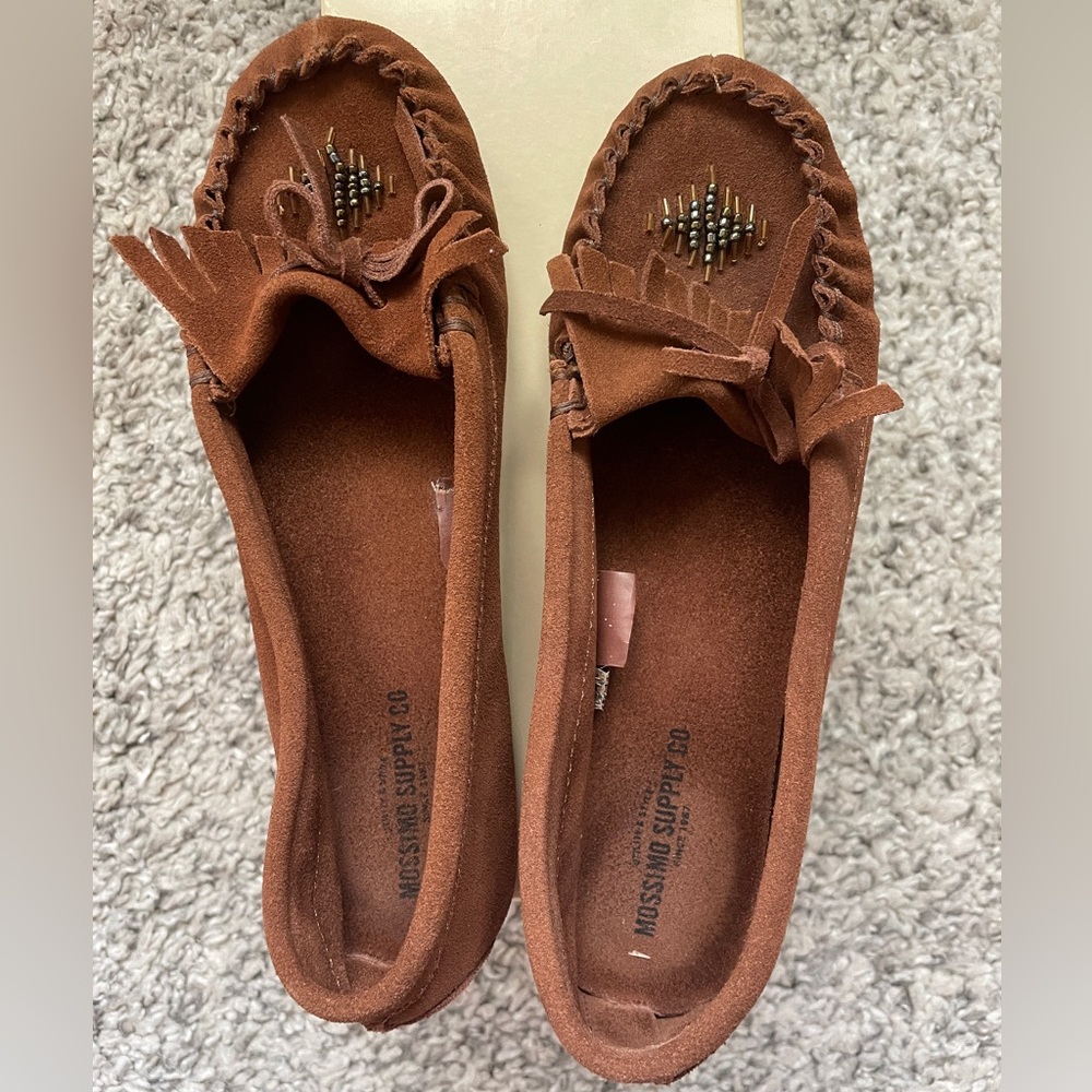Moccasins - leather upper, brown with beads.